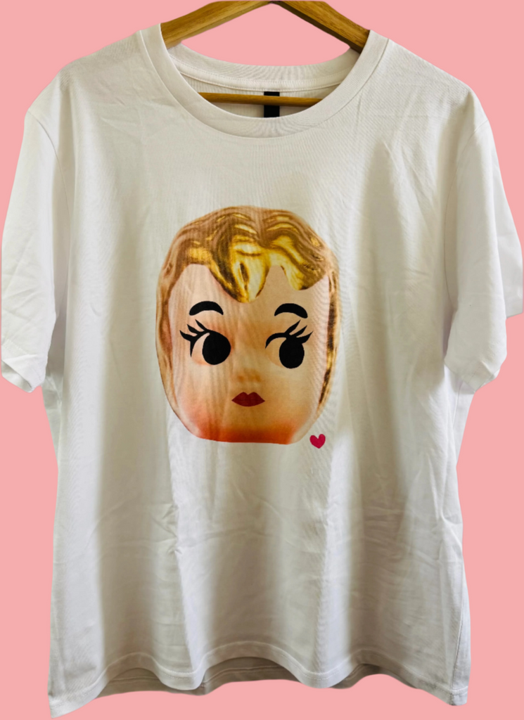 Ladies T-Shirt - Gold Kewpie Head design with Pink Heart deco